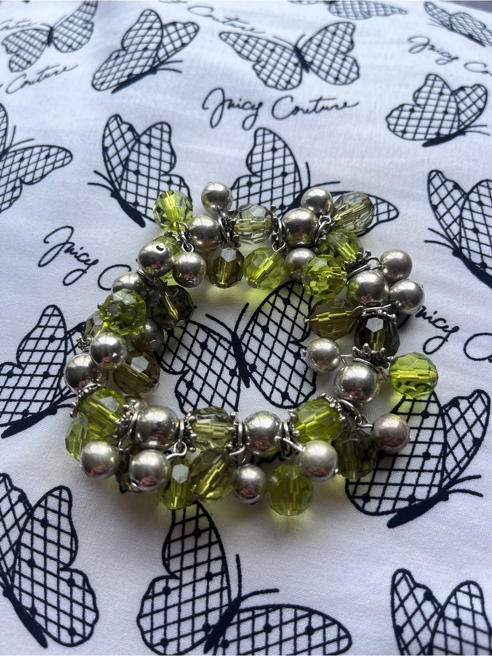 Olive Green Crystal & Silver Bead Bracelet